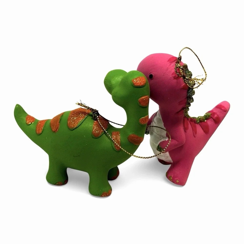 Pink T-Rex & Green Brontosaurus Dinosaur Christmas Tree Ornaments‎ - Lot of (2)